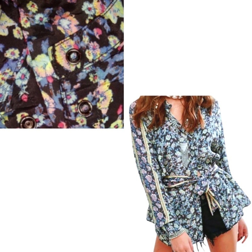 $108 Free People Flower Power Top XSMALL 0 2 Long Sleeves Black Colorful Print
